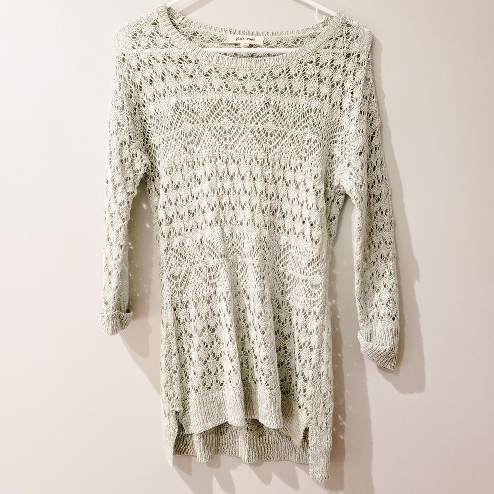 Mint Green Pink Rose Knit Long Sleeve Top